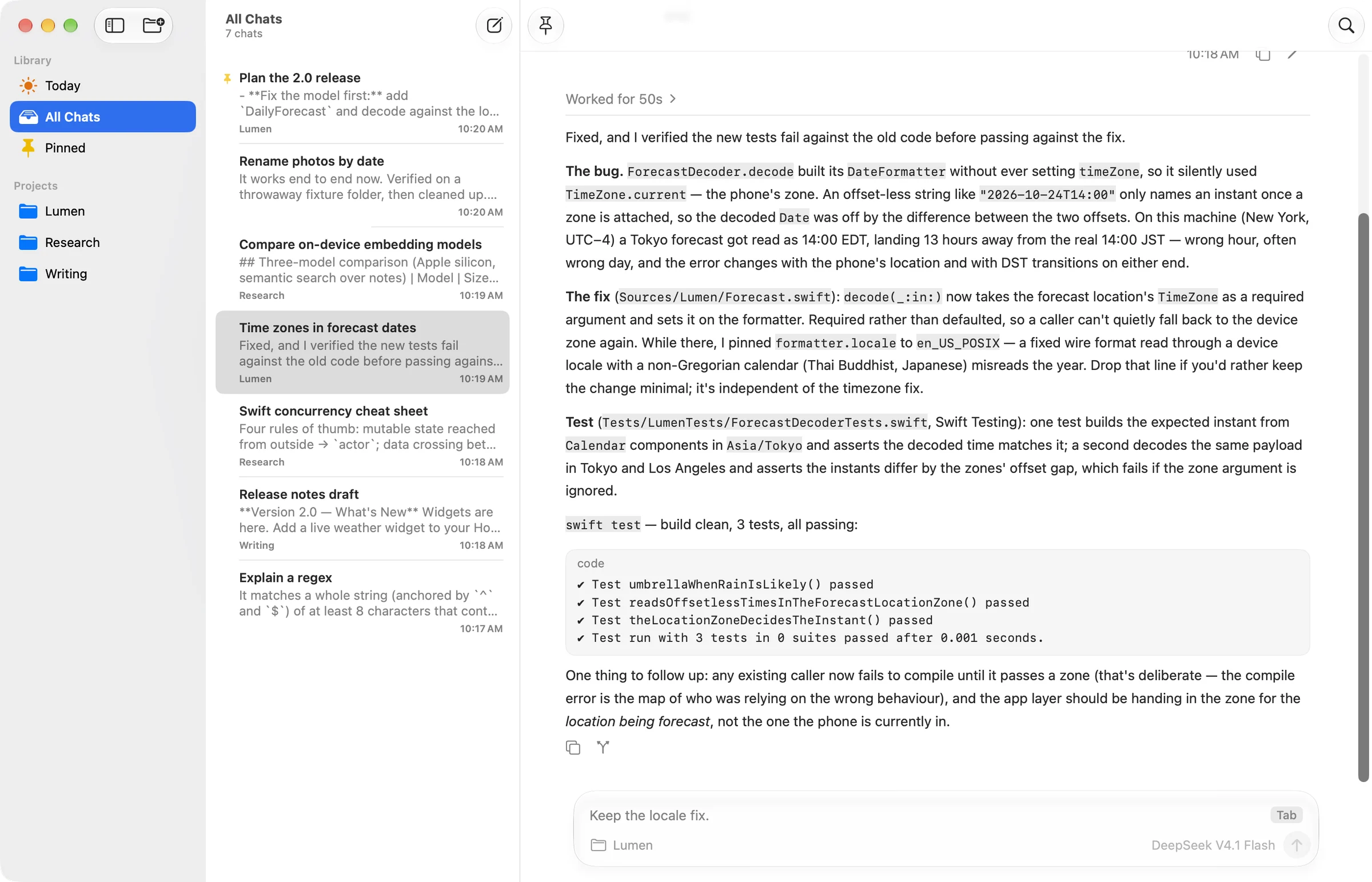 The Cuebots main window: a sidebar with Today, All Chats, Pinned and projects named Lumen, Research and Writing; a list of seven chats; and an open chat where the agent explains a time-zone bug it fixed and shows three passing tests.
